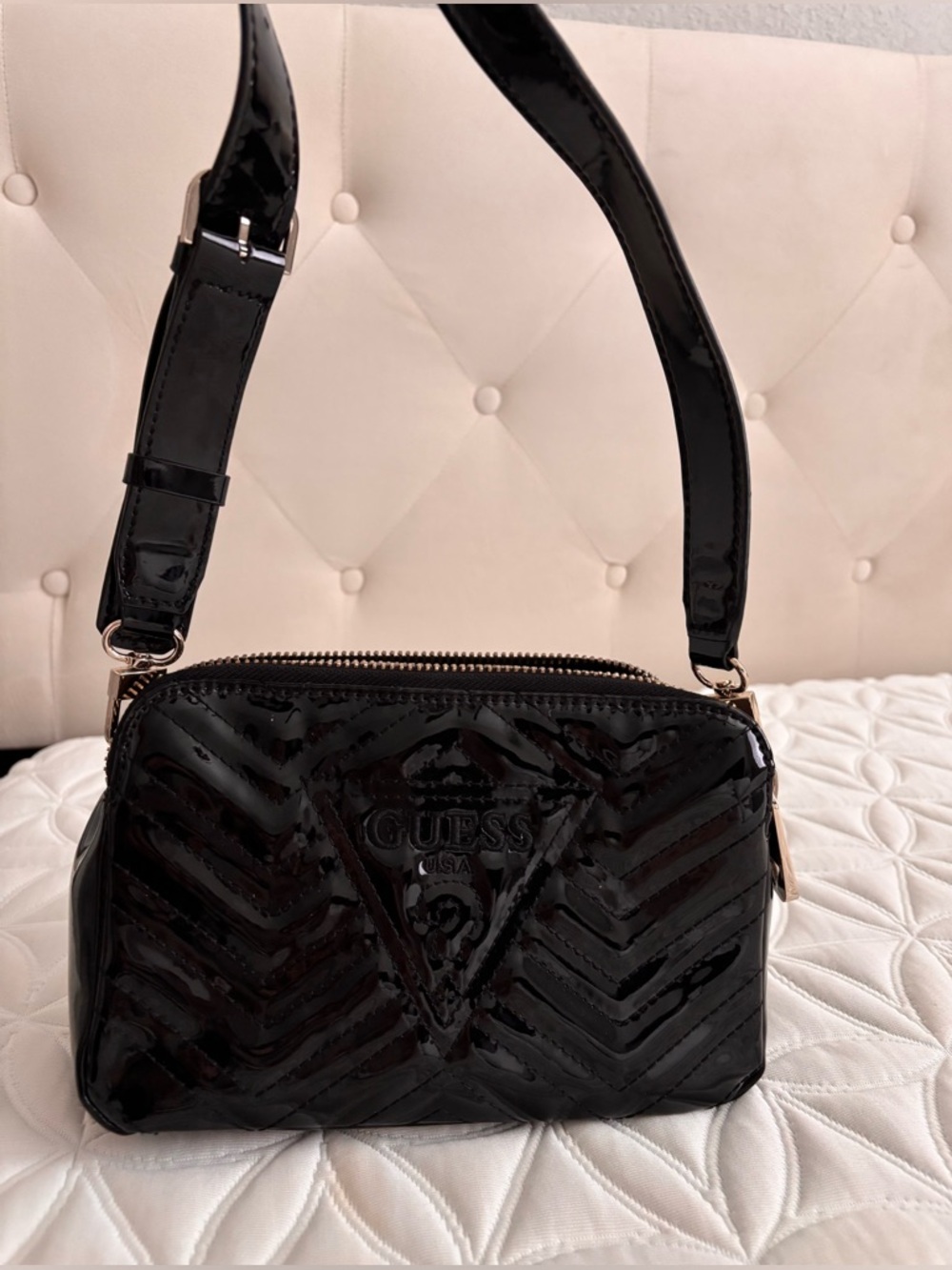 GUESS Black Patent Chevron Zip Pouch